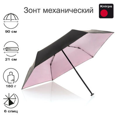 Зонт Knirps механический US.050 Ultra Light Slim Manual BLACK WITH ROSE COATING UV PROTECTION